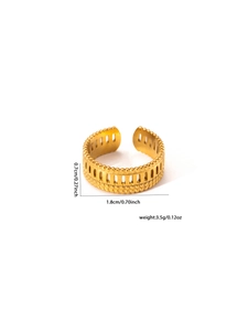 Detail view of 18k gold plated titanium ring showing 0.7cm width and hollow fence design