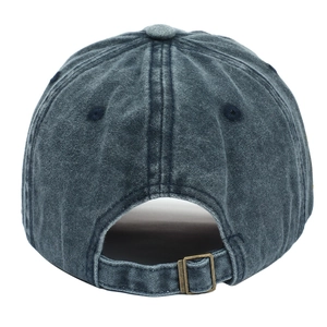 Detail of adjustable metal buckle and vintage washed fabric on the dark grey baseball cap