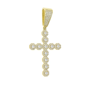 Macro view of gold-plated hip hop cross pendant with paved zircon stones