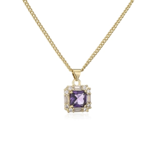 Detailed view of 18K gold plated necklace with purple zircon stone and clear crystal halo