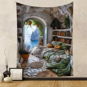 Detail view of large bohemian tapestry featuring a Mediterranean cave bedroom and ocean view