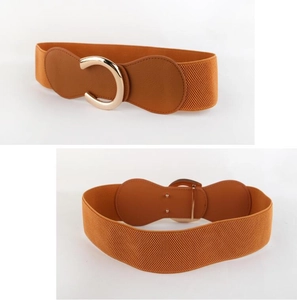 Front and back view of orange elastic corset belt with golden horseshoe buckle and leather ends