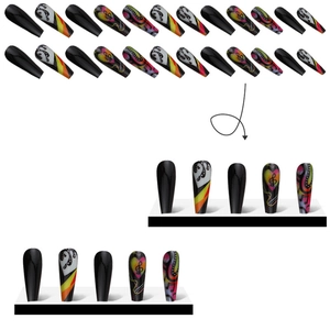Macro view of 24-piece press-on nails set featuring black base and colorful rainbow heart motifs