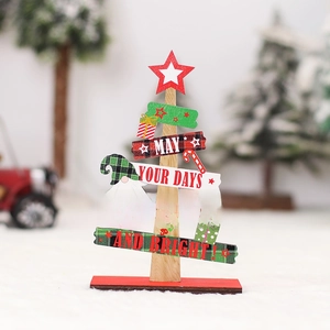 Wooden Christmas tree desk ornament with hand-painted festive icons and merry message