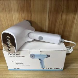 Close-up of portable steam iron with HB-668 folding handle and stainless steel panel