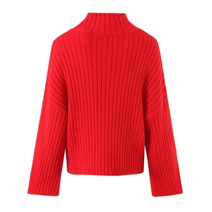 Detail view of the red high-neck chunky knit sweater with textured ribbing on the back