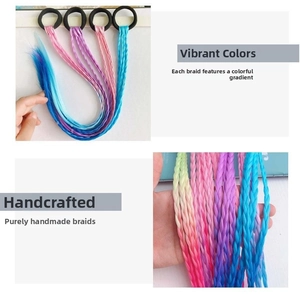 Macro detail of multi-color gradient synthetic braided ponytail hair ties for girls