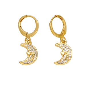 Golden crescent moon earrings with inlaid zircons and heart-shaped LOVE engraving