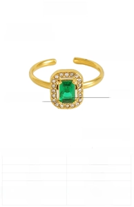 Macro view of adjustable stainless steel ring with emerald-cut green zircon and diamonds