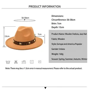 British style wool felt jazz hat with size chart for head girth 56-58cm and 7cm brim