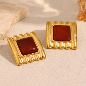 Square Stud Earrings Stainless Steel 18K Gold Plated Red Gemstone Vintage Jagged Edge Retro Geometric Jewelry For Women