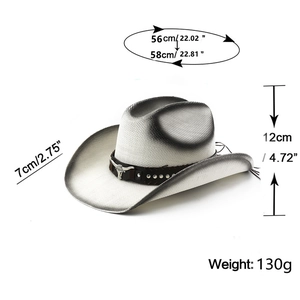 Detailed view of a white western straw cowboy hat featuring metal bull head buckle and studs