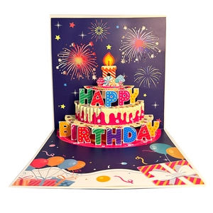 3D pop-up birthday card featuring a layered cake with fireworks and balloon decorations