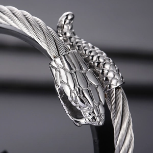 Silver steel cable bracelet featuring a detailed snake head in a rock hip-hop style