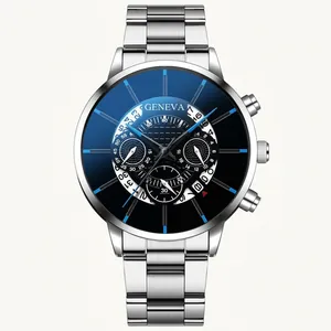 Geneva men's quartz watch with stainless steel band and blue multi-dial business face