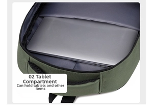 Detail of the internal tablet compartment in an army green backpack with gray lining