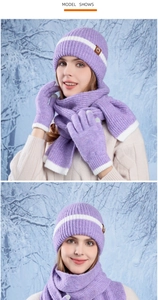 Detailed knit texture of light purple winter hat, scarf, and touch screen gloves set