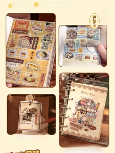 Close-up of retro Japanese food stickers with sparkling star film and pre-cut lines