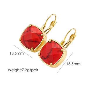 Detail view of red square natural stone earrings with gold 14K stainless steel hooks