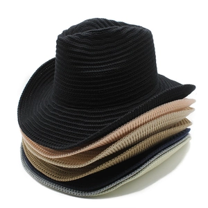 Stacked knitted denim style jazz hats in multiple colors with rolled brim and textures