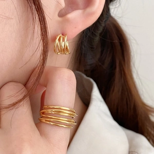 Minimalist 925 sterling silver multi-layered spiral gold ring and earring set for women