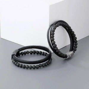 Men's multi-layer leather bracelet with volcanic stone beads and stainless steel clasp