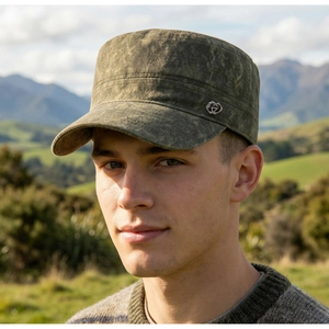 Close-up of a distressed olive green military cap featuring a metallic logo detail