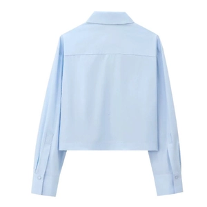 Back view of light blue long sleeve cropped poplin blouse with a classic collar