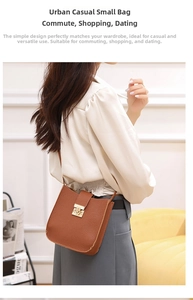 Petit sac bandoulière marron grainé porté par un mannequin pour illustrer la taille