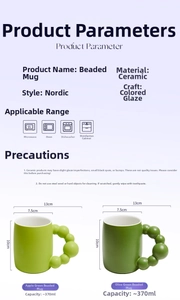 Detailed size specifications and dimensions for the ceramic mug with unique beaded handle
