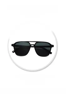Detail of black aviator sunglasses with retro double bridge and silver rivets