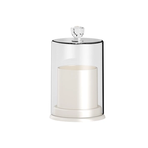White cotton swab organizer with clear glass lid and crystal knob for vanity storage