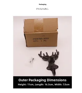 Detail view of rustic cast iron deer head wall hook with included mounting accessories and box