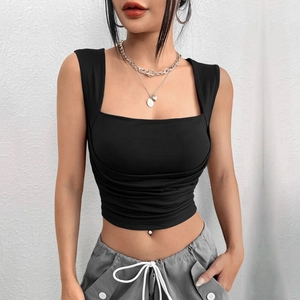 Square Neck Ruched Crop Tank Top Rayon Spandex Elastic Slim Fit Sexy Sleeveless Camisole For Women Chic Streetwear