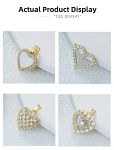 Détail de pendentifs en cœur avec zircons blancs, perles et émail en finition dorée
