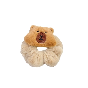 Cute brown plush capybara hair scrunchie made of soft khaki fluffy material for women