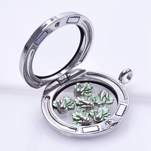 Silver floating charm locket with green and silver enamel bird pendants inside