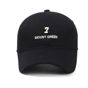 Black cotton baseball cap with white Mount Green embroidery on a white background