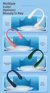 Portable neck fan available in four colors white pink green and blue with U-shaped design