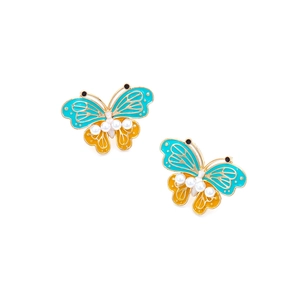 Enamel butterfly earrings with blue wings and pearl body on minimalist white background