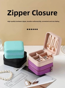 Detail view of mini PU leather jewelry box showing zip closure and soft velvet interior