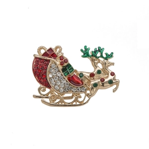Goldene Weihnachts Rentier Schlitten Brosche mit roten Straßsteinen und grüner Emaille