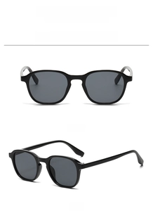 Detailed views of black oval sunglasses showing front and 45-degree angle profile