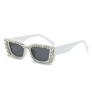Retro square white sunglasses for women with rhinestone frames and dark gray lenses