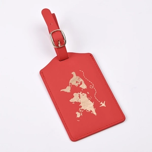 Red PU leather luggage tag featuring a gold world map design and buckle strap