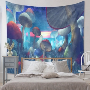 Detail of bohemian mushroom forest tapestry with vibrant dreamlike blue and purple tones
