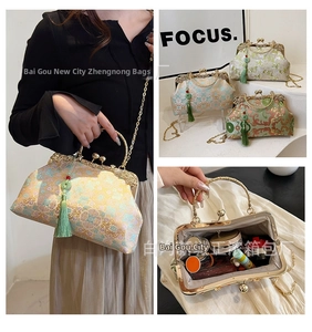 Detailed views of vintage embroidered handbags with tassels and gold chain straps