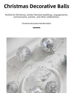 Detail of silver Christmas baubles with glitter, snowflake patterns and mesh texture