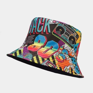 Detail of 80s retro graffiti bucket hat with vintage radio and cassette patterns