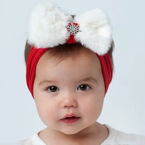 Christmas Baby Headband Faux Fur Large Bow With Silver Snowflake Elastic Hair Band For Holiday Infant Toddler